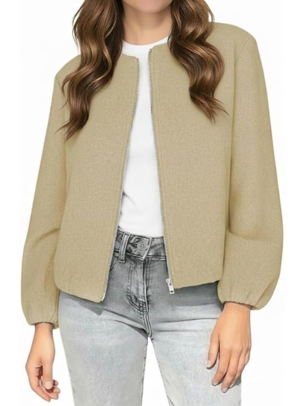 Women's Wool Blend Bomber Jackets Cropped Zip Up Hoodless with Pockets Khaki